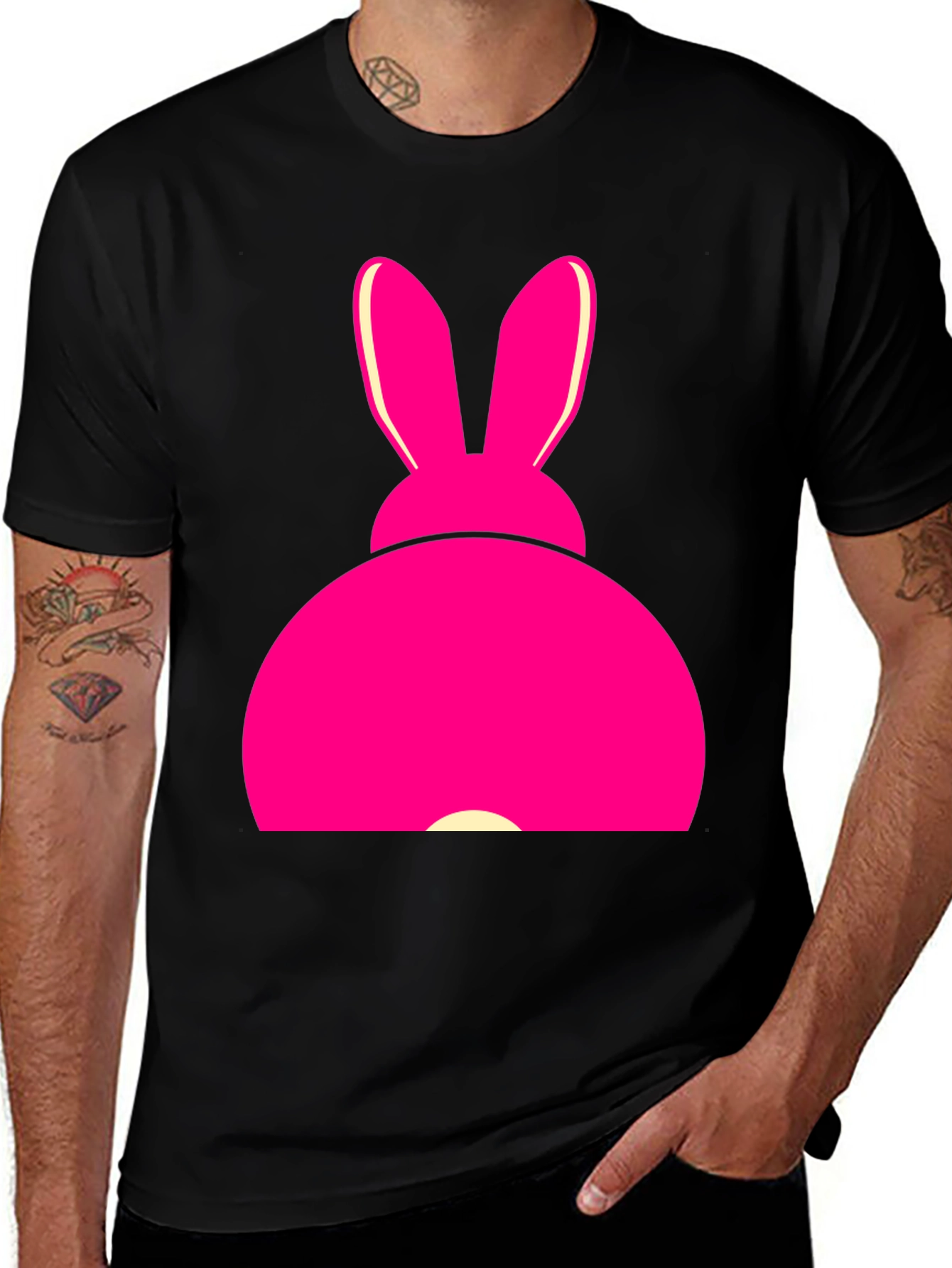 Pink Bunny Graphic Tee - Black Cotton T-Shirt