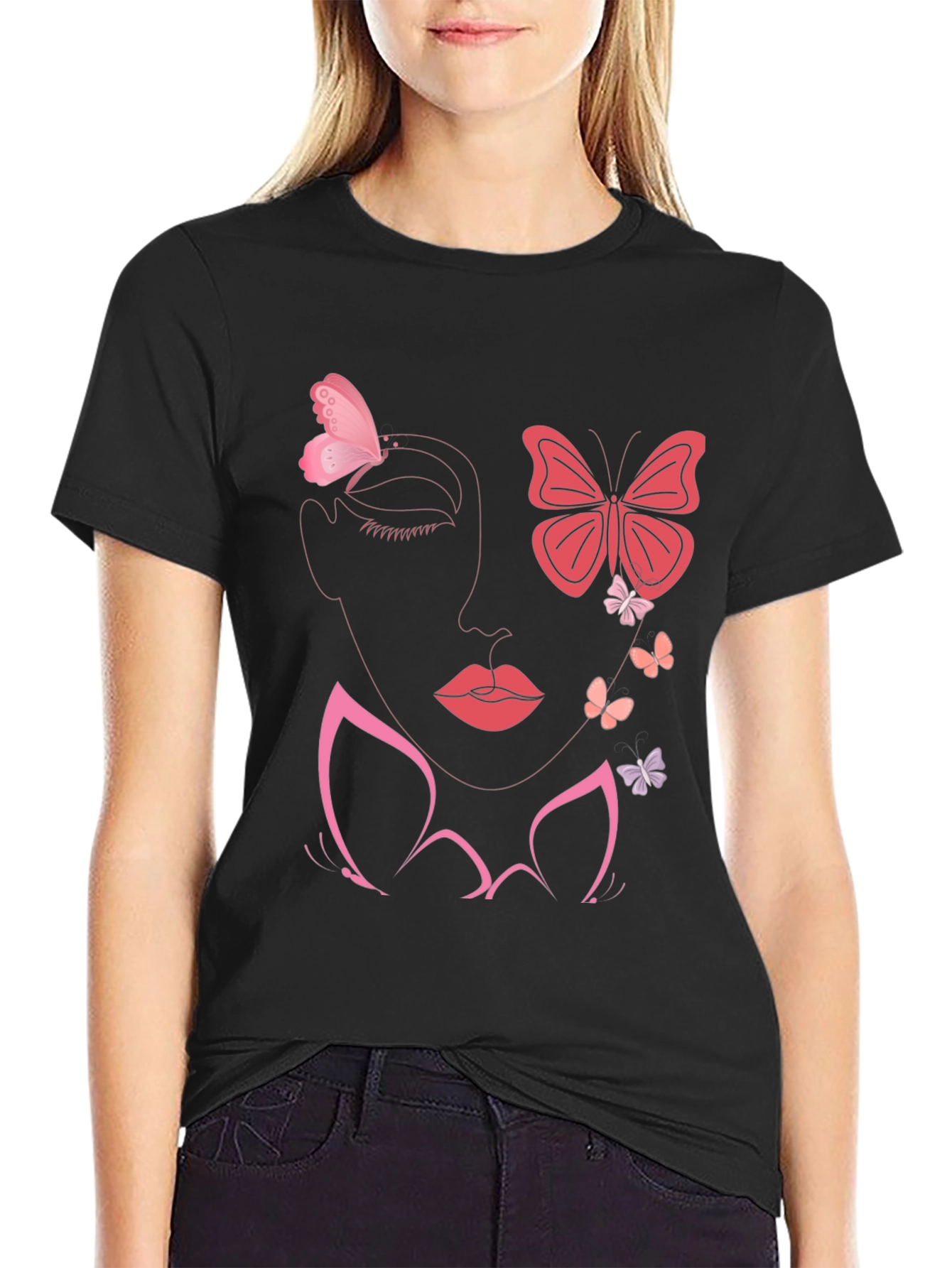 Butterfly Face Graphic Tee - Stylish Black T-Shirt