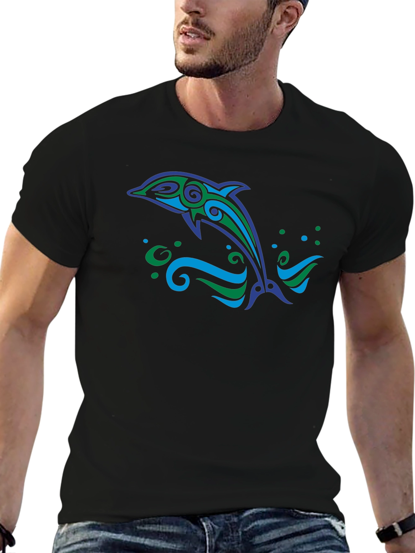 Tribal Dolphin Graphic Tee - Black Cotton Blend