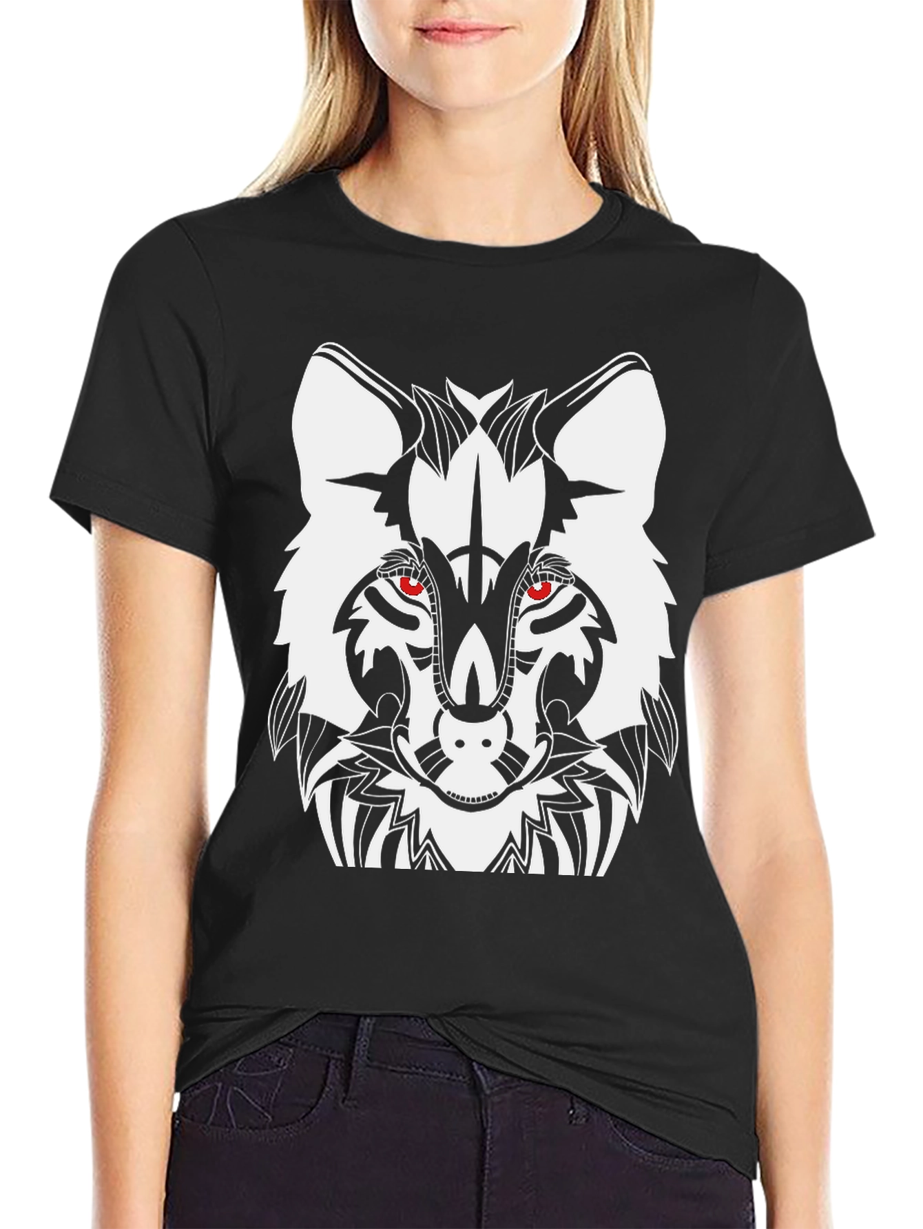 Tribal Wolf Graphic T-Shirt - Black
