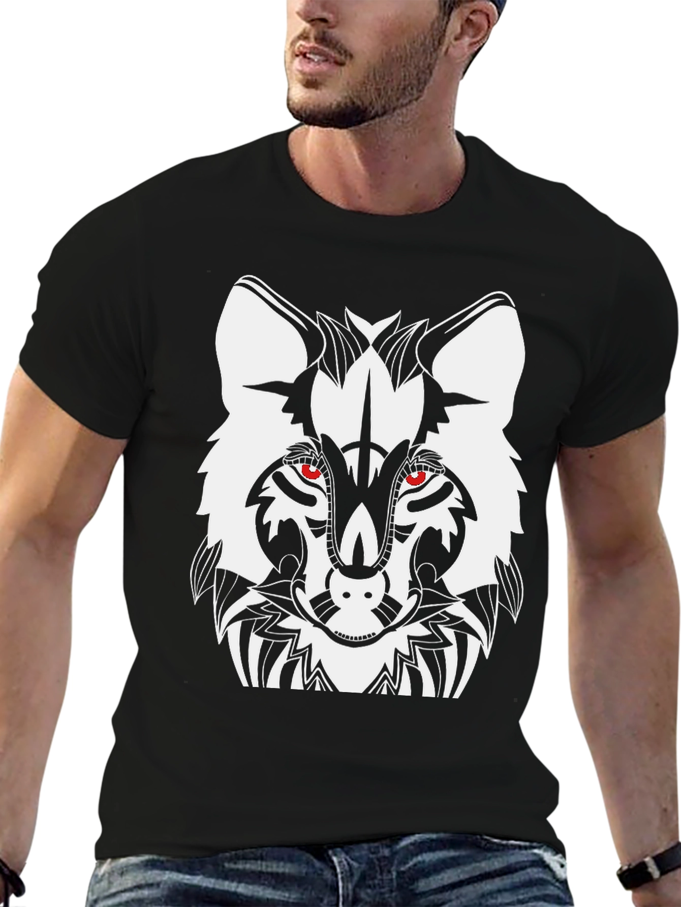 Tribal Wolf Graphic T-Shirt - Black