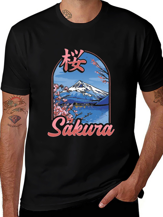 Sakura Mountain Graphic Tee - Black Cotton Blend