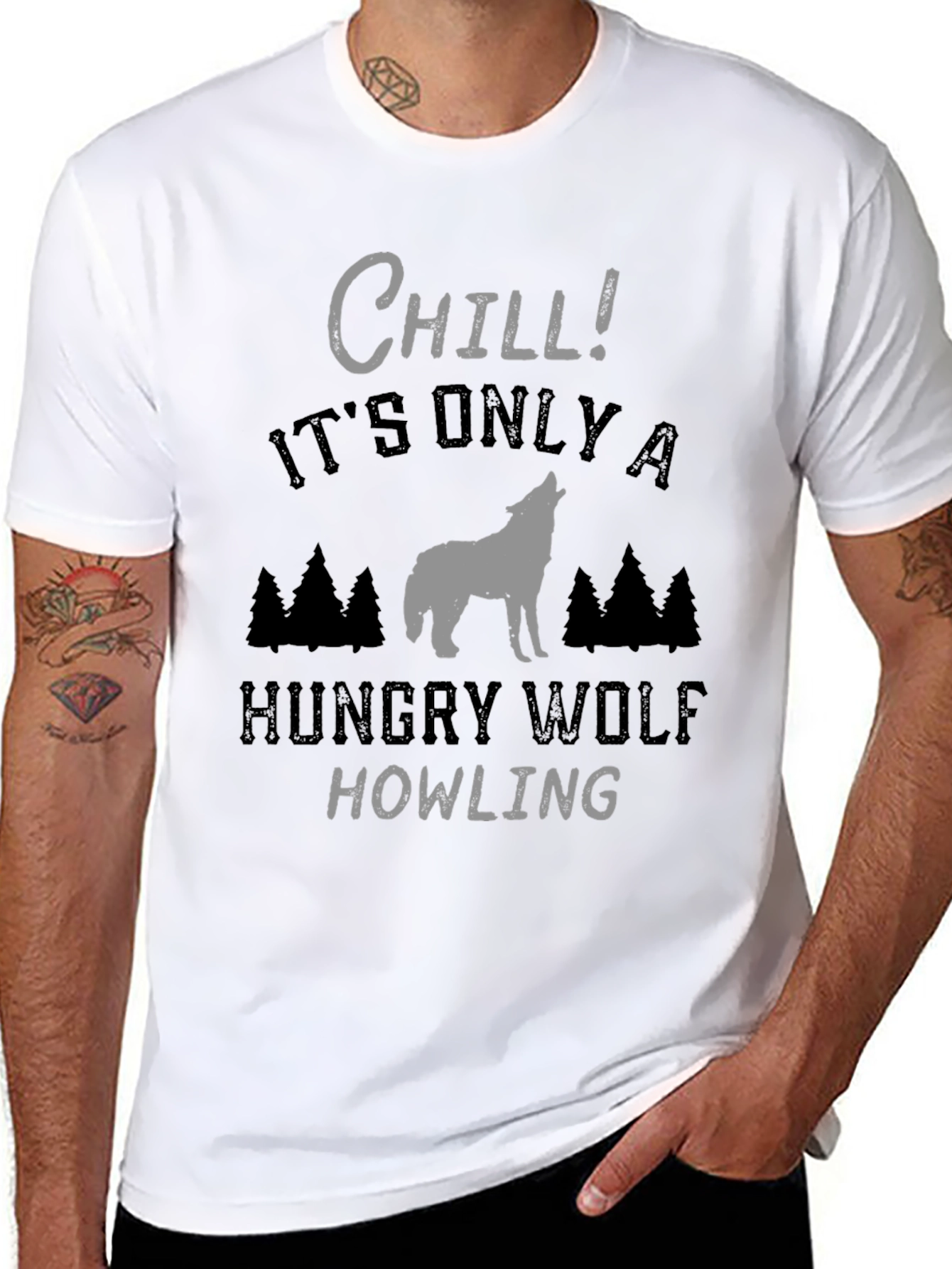 Chill Hungry Wolf Howling T-Shirt - Black