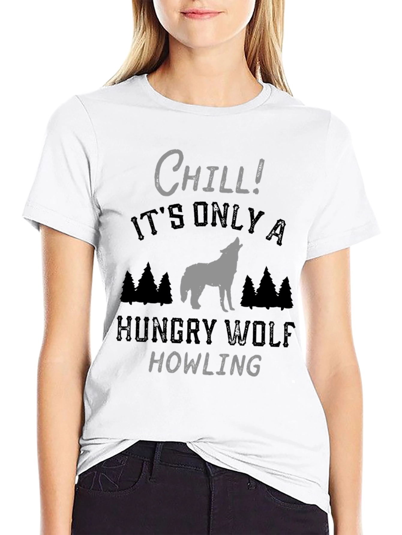 Chill Hungry Wolf Howling T-Shirt - Black