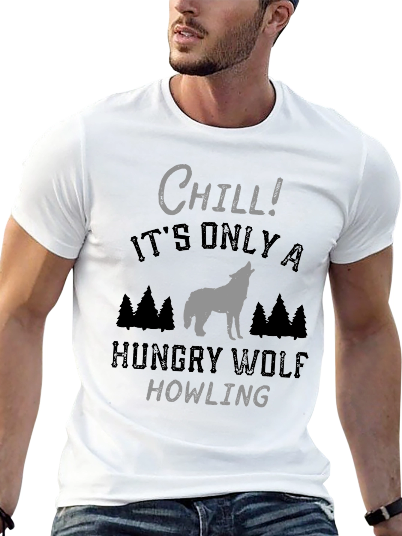 Chill Hungry Wolf Howling T-Shirt - Black
