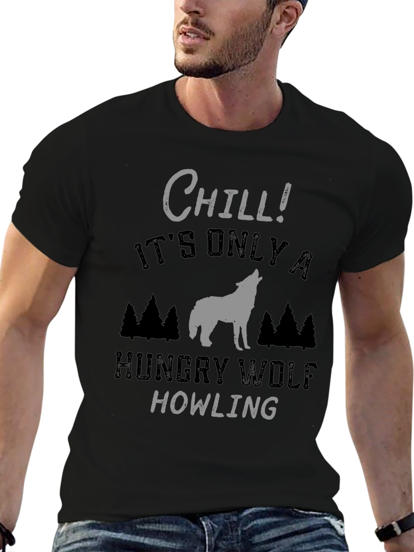 Chill Hungry Wolf Howling T-Shirt - Black