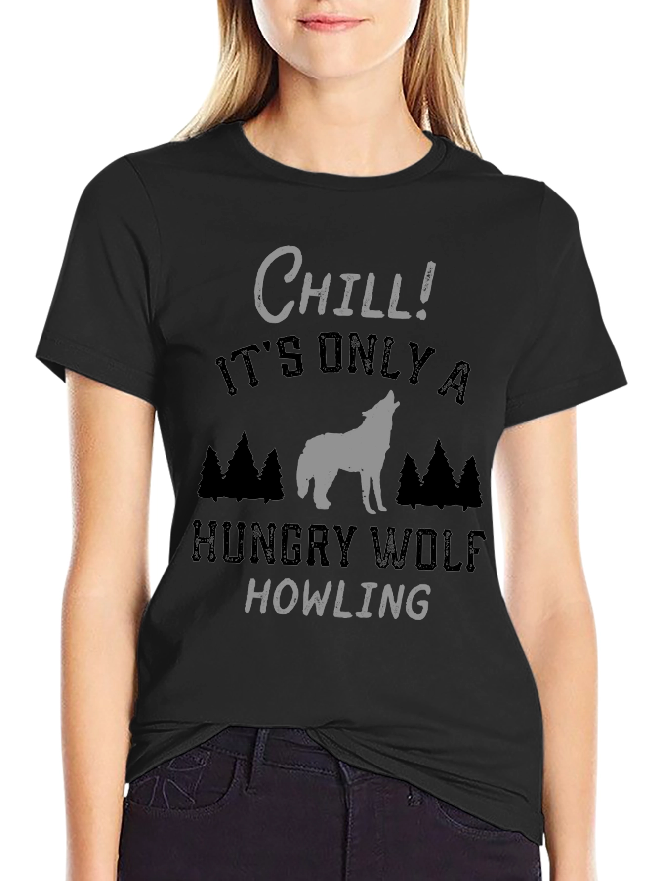 Chill Hungry Wolf Howling T-Shirt - Black