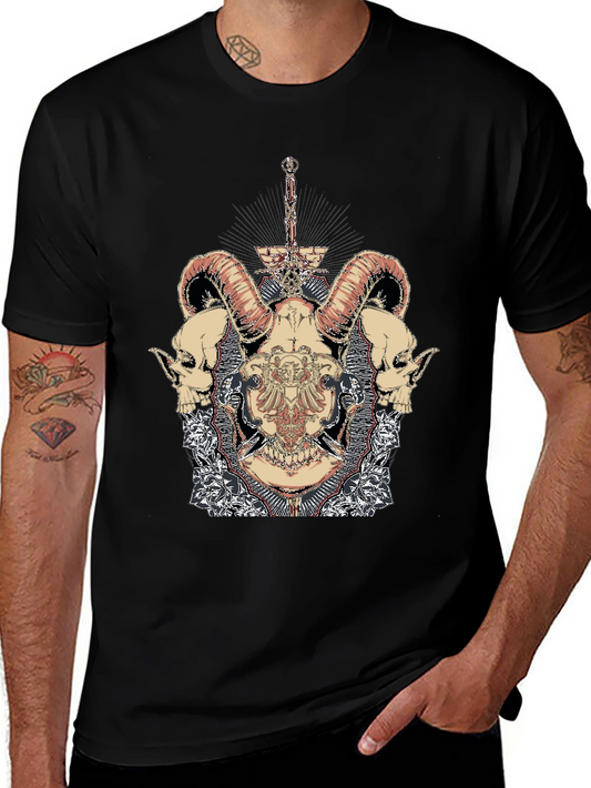 Skull Horns & Sword Graphic Print Black T-Shirt