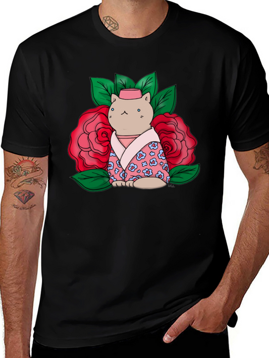 Cat in Kimono T-Shirt - Floral Design