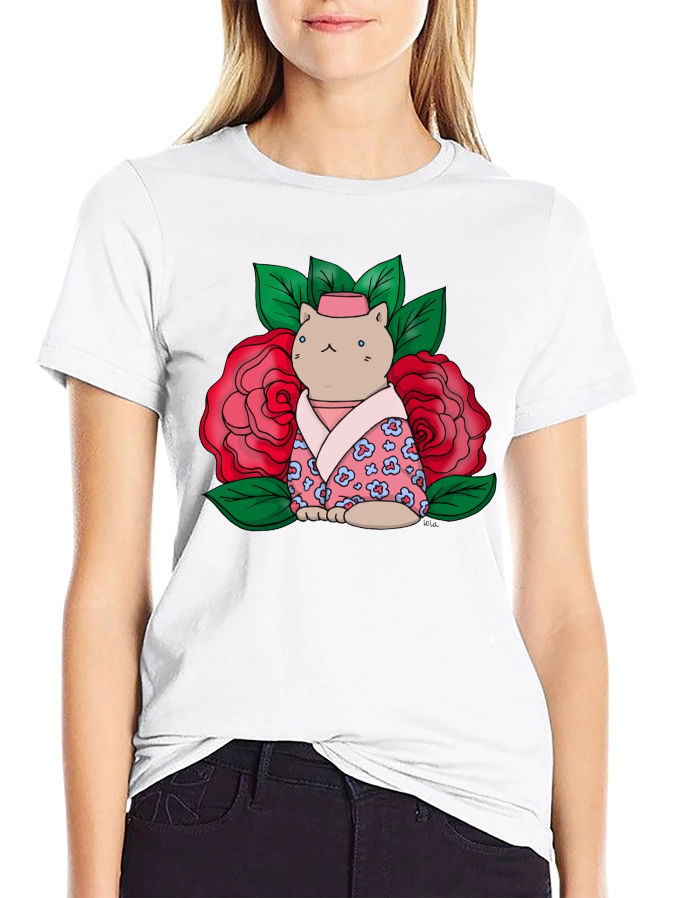 Cat in Kimono T-Shirt - Floral Design