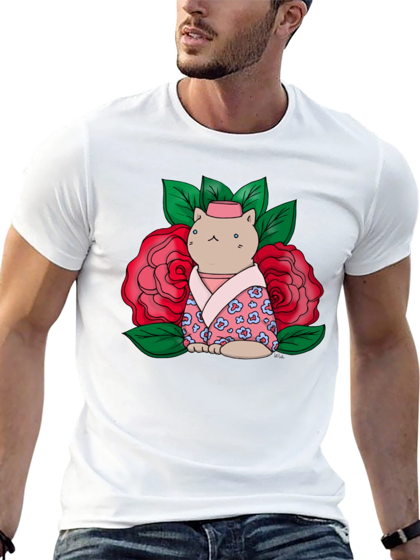Cat in Kimono T-Shirt - Floral Design