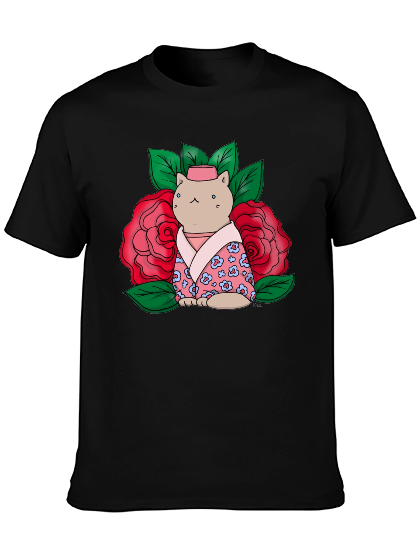 Cat in Kimono T-Shirt - Floral Design