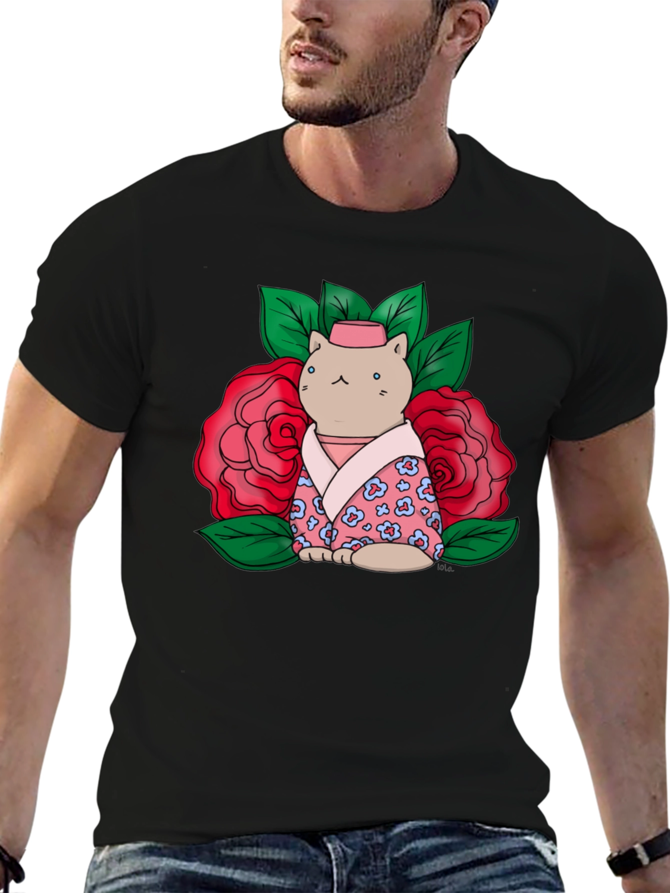 Cat in Kimono T-Shirt - Floral Design