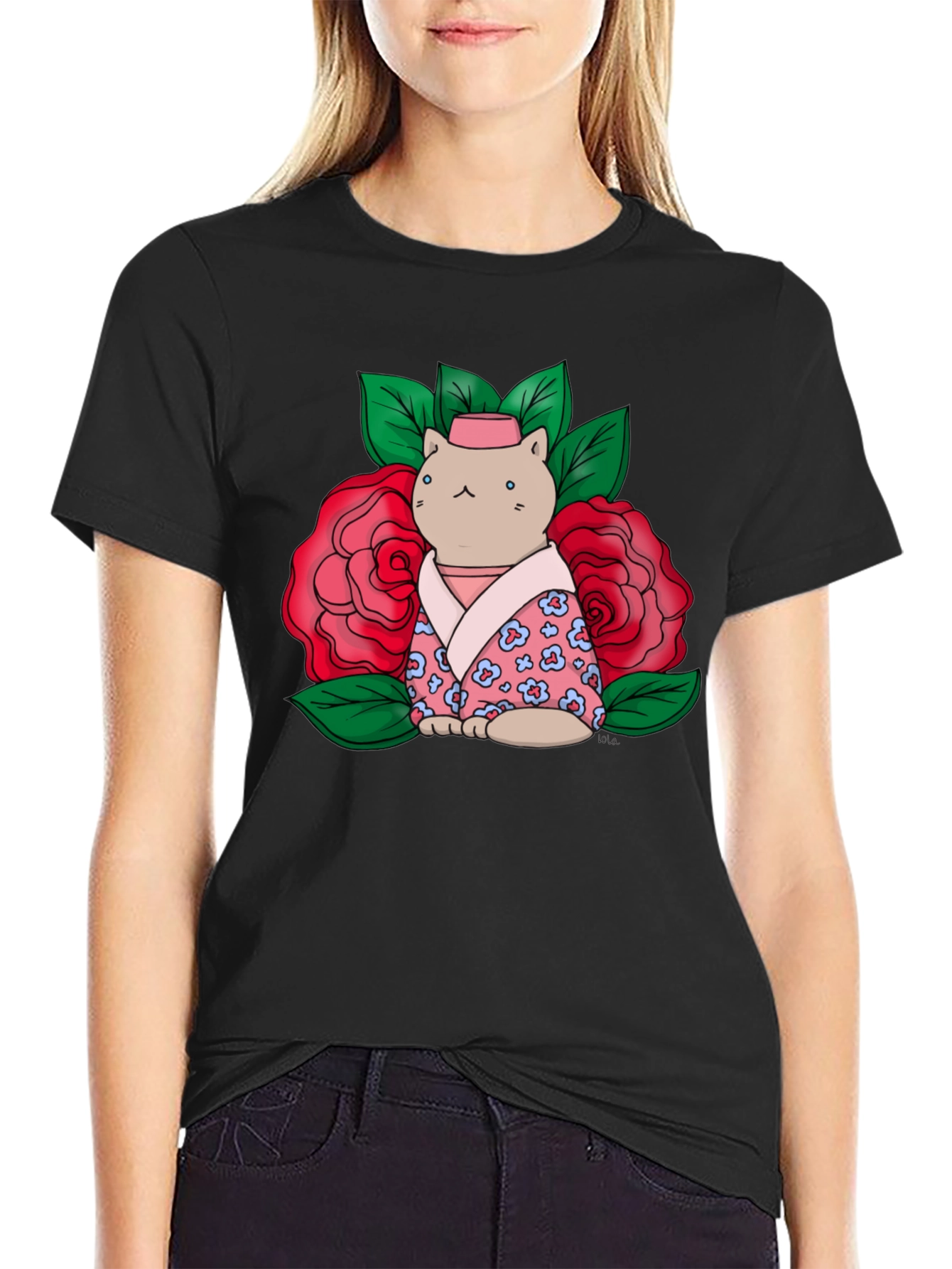 Cat in Kimono T-Shirt - Floral Design