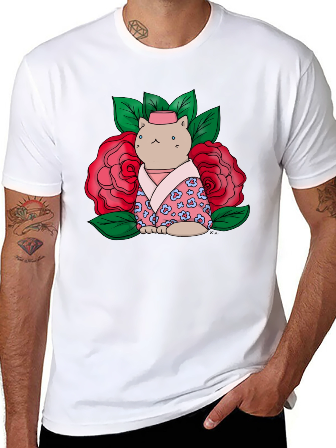 Cat in Kimono T-Shirt - Floral Design