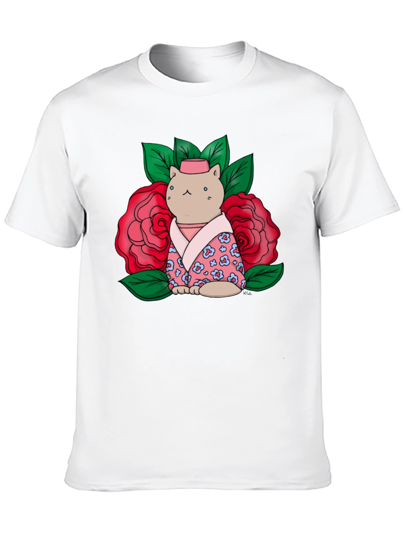 Cat in Kimono T-Shirt - Floral Design