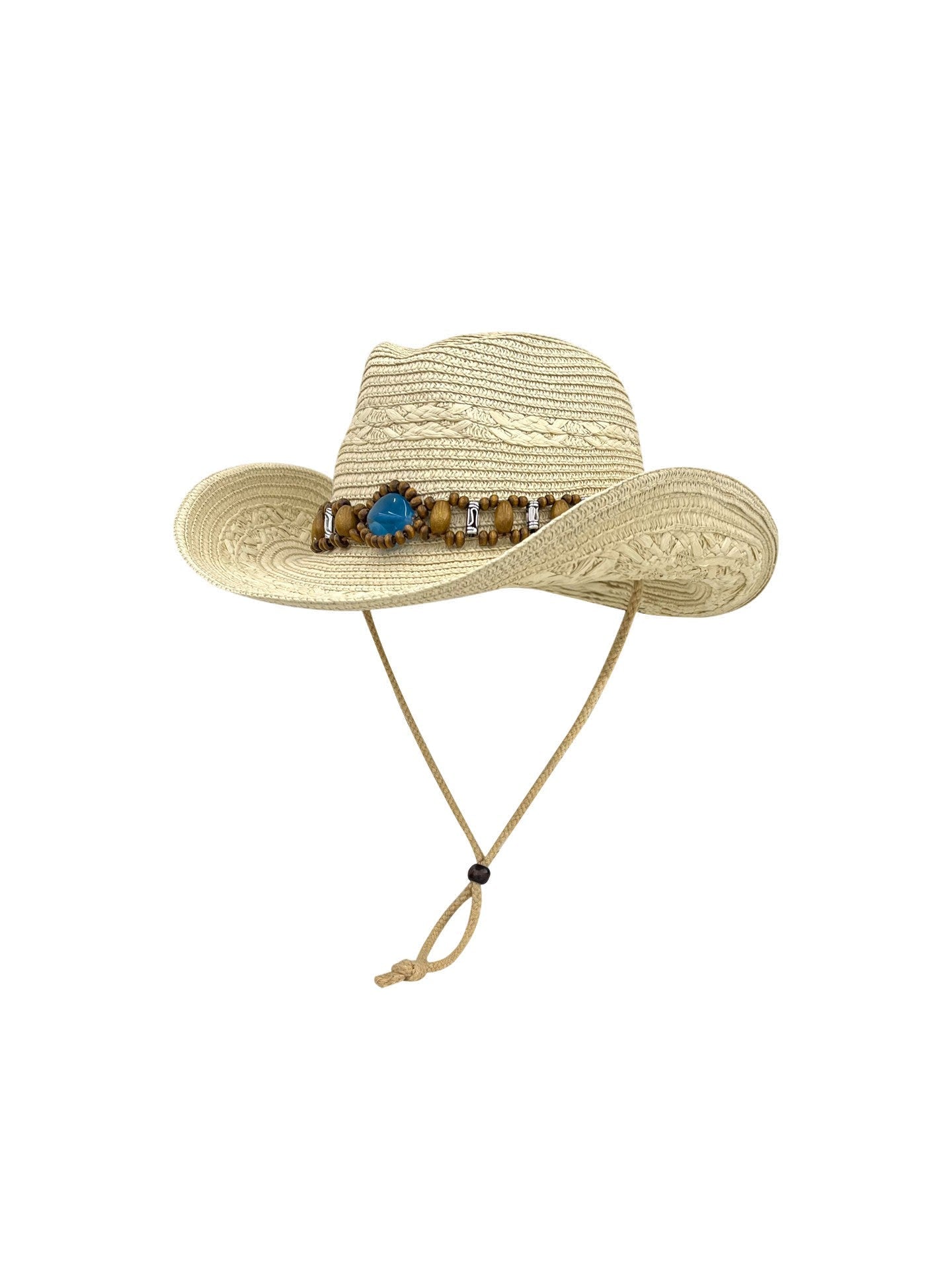 Straw Cowboy Hat with Beaded Band and Adjustable Chin Strap, Unisex Summer Sun Hat, Panama Jazz Style, 56-58cm Head Circumference
