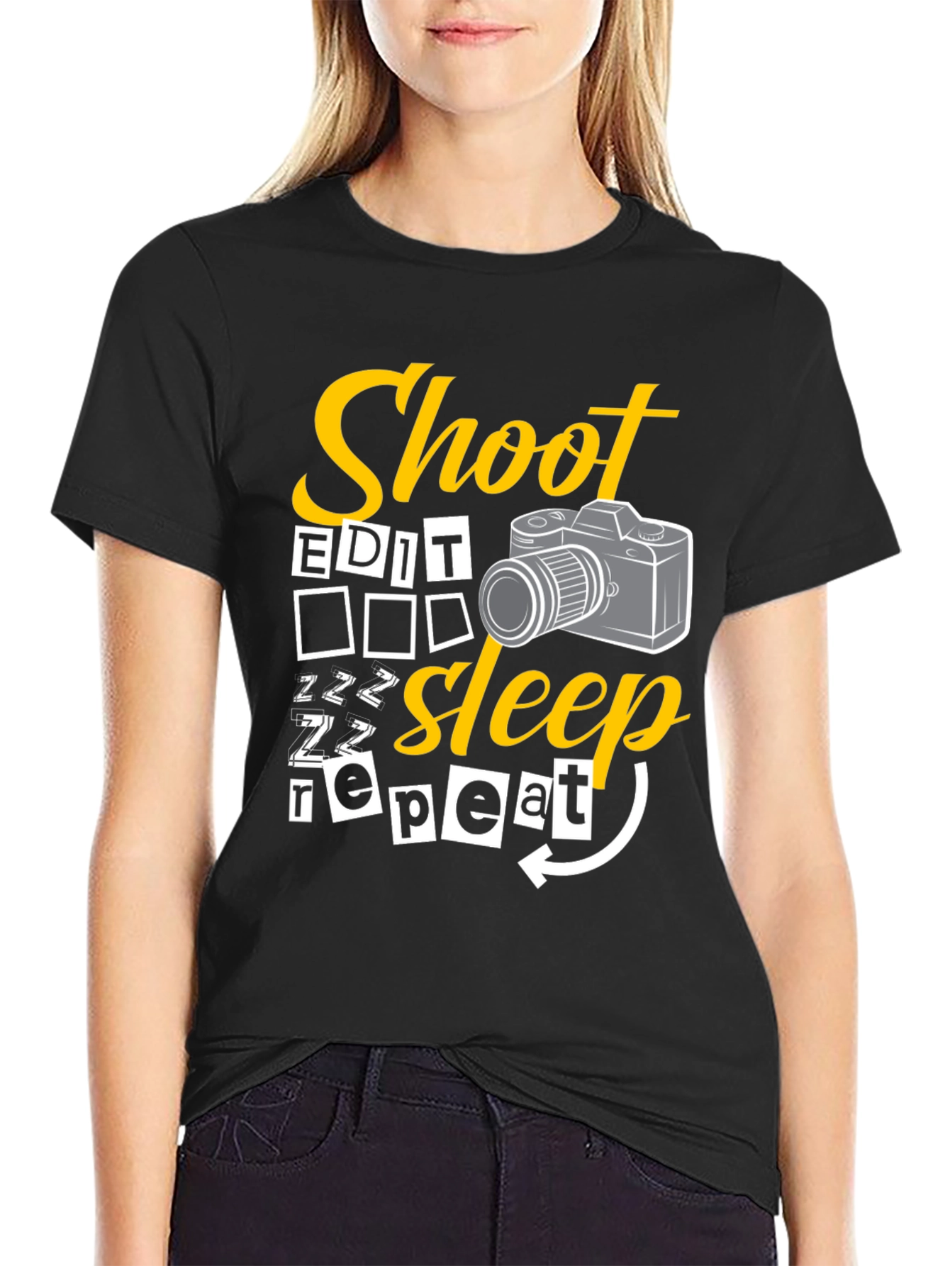 Shoot Edit Sleep Repeat Black Graphic T-Shirt