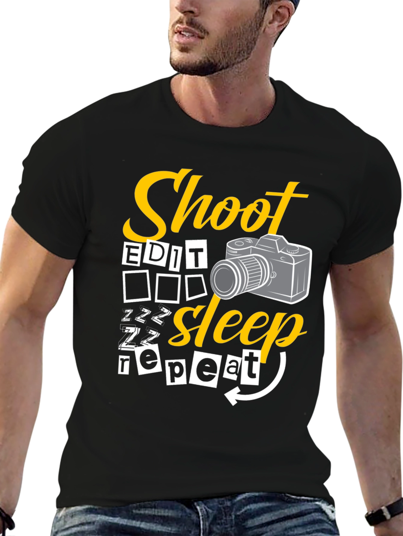 Shoot Edit Sleep Repeat Black Graphic T-Shirt