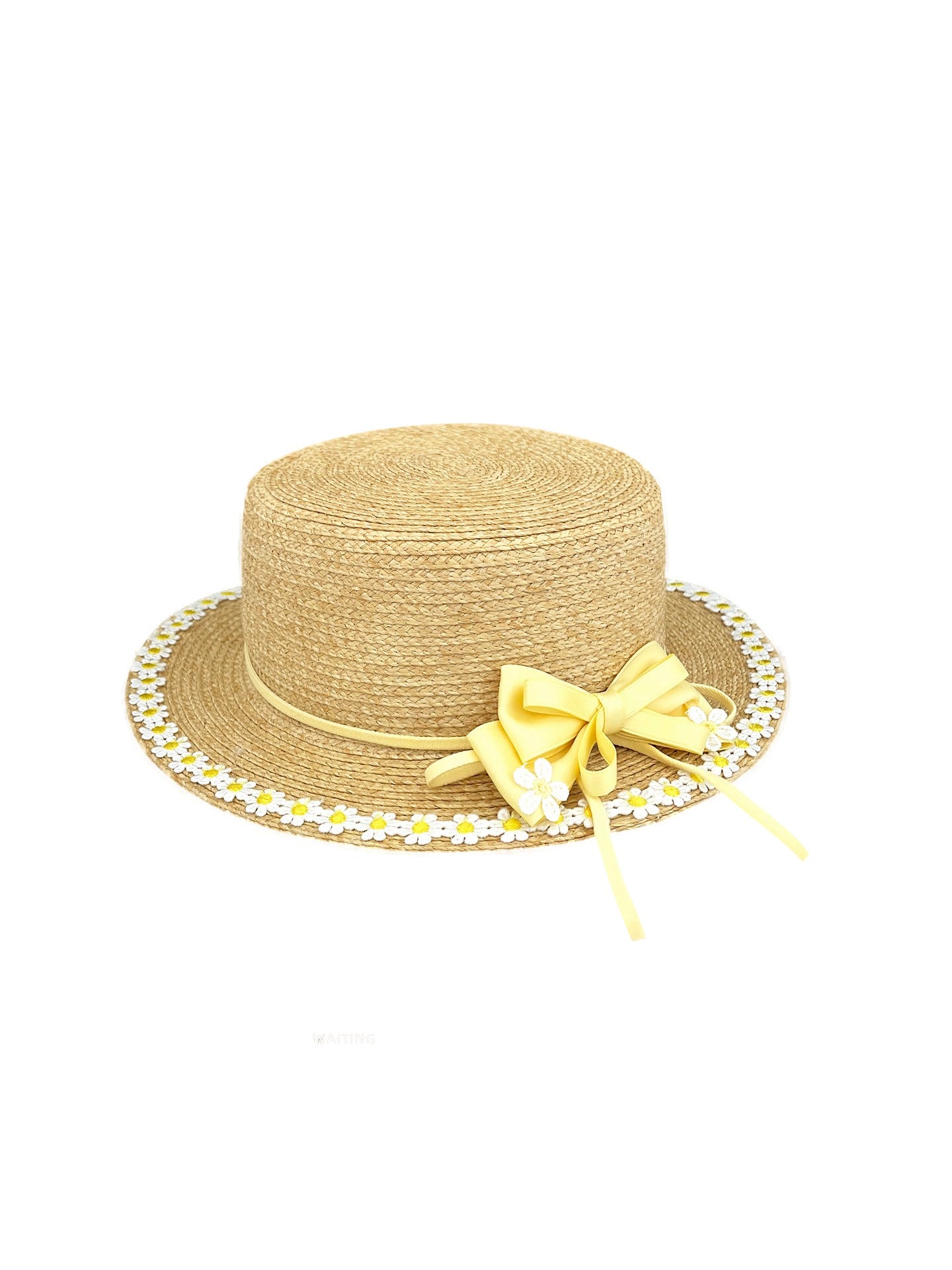 Women's Straw Flat Brim Hat with Bow and Floral Trim for Summer Sun Protection