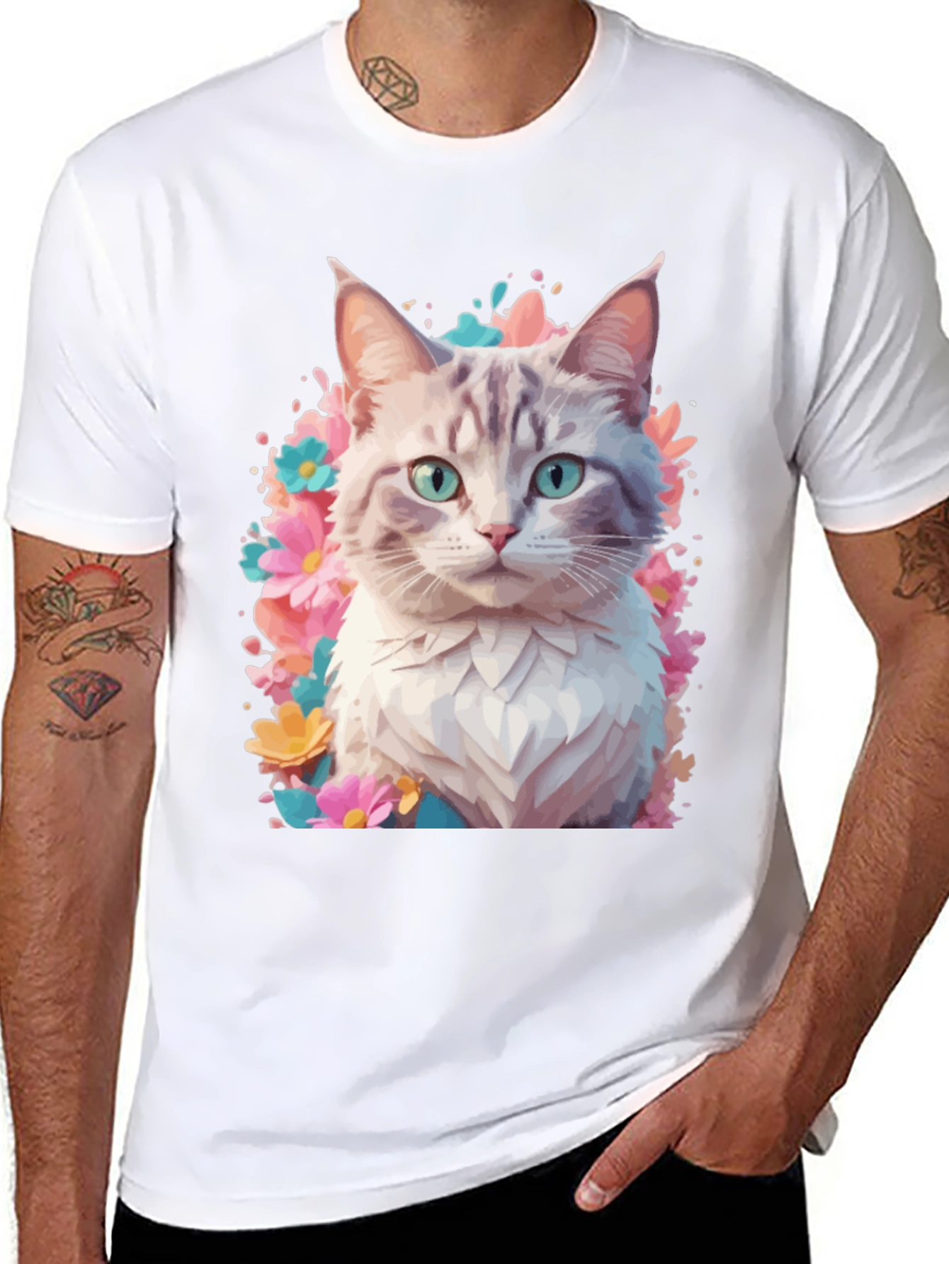 Cat Floral T-Shirt - Artistic Kitten Tee