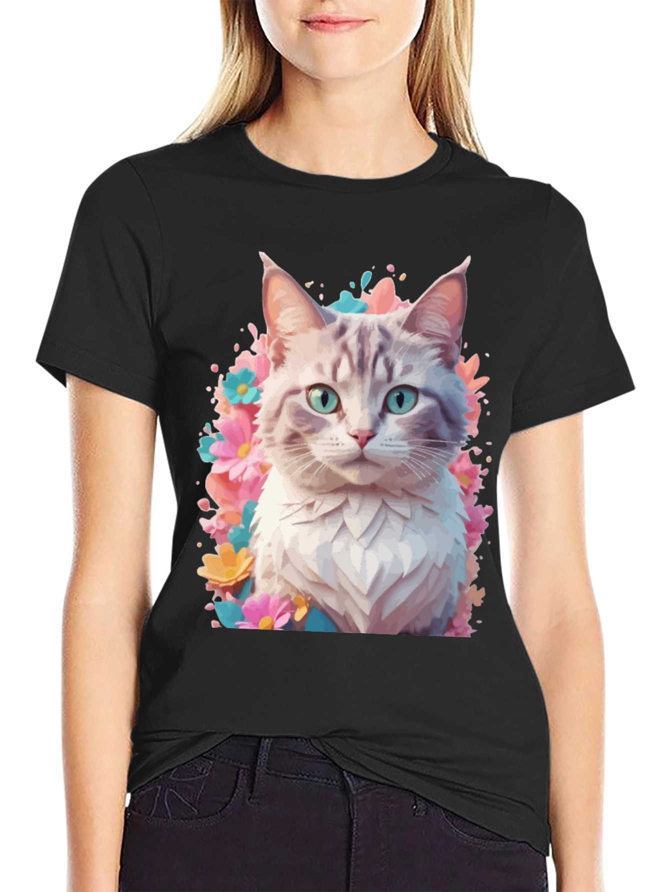 Cat Floral T-Shirt - Artistic Kitten Tee