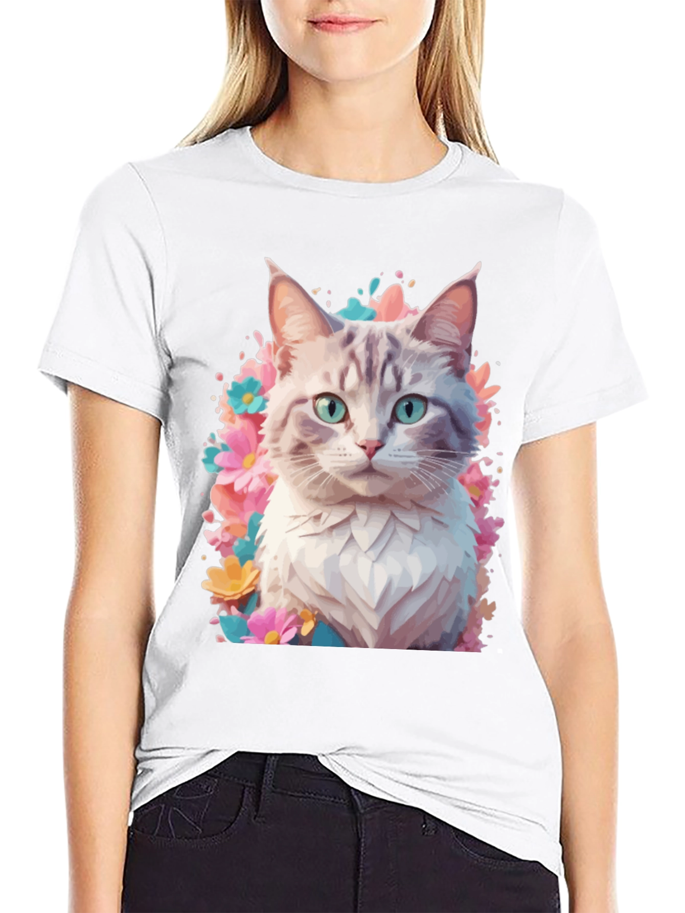 Cat Floral T-Shirt - Artistic Kitten Tee