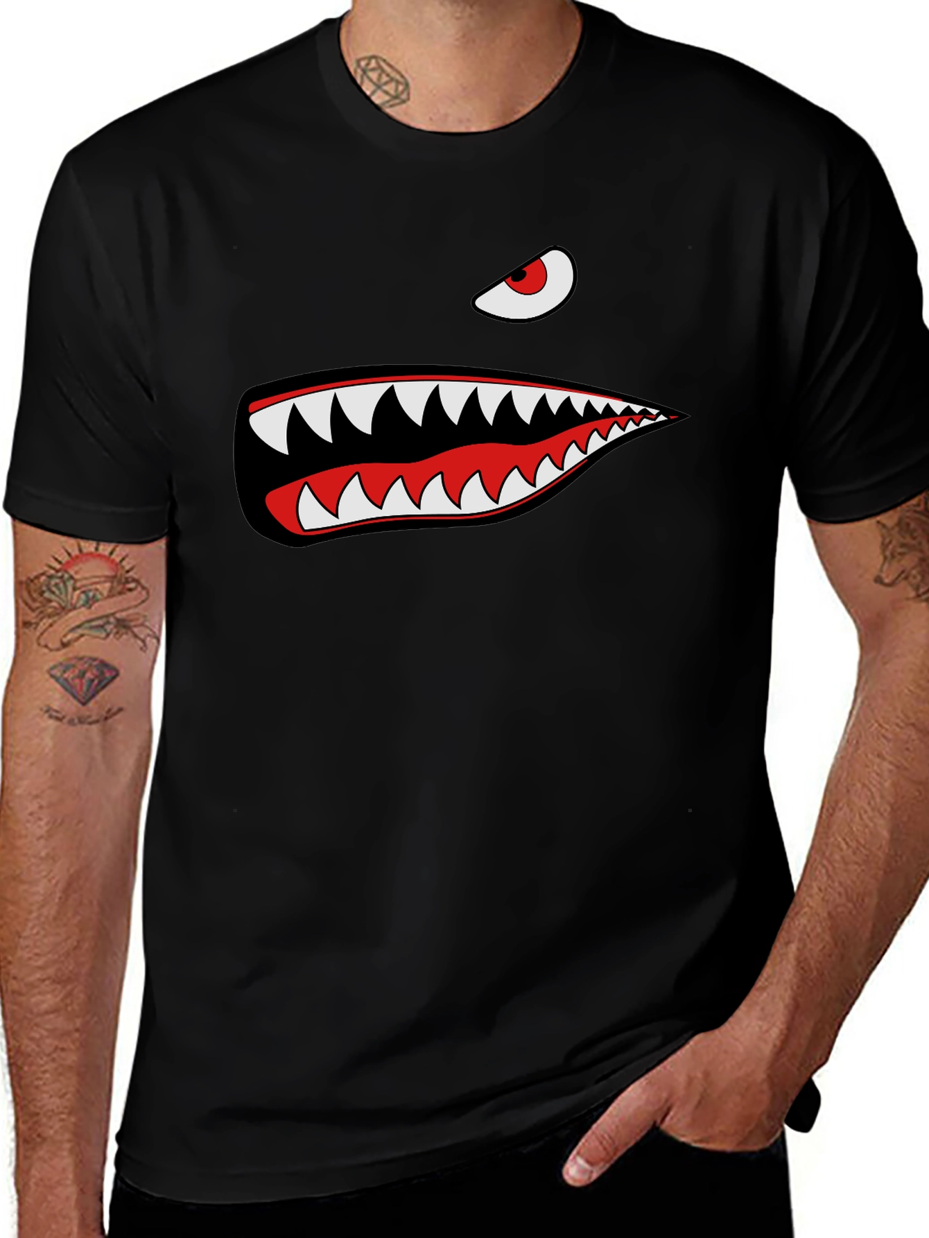 Shark Teeth Graphic Tee - Mens Black Cotton T-Shirt