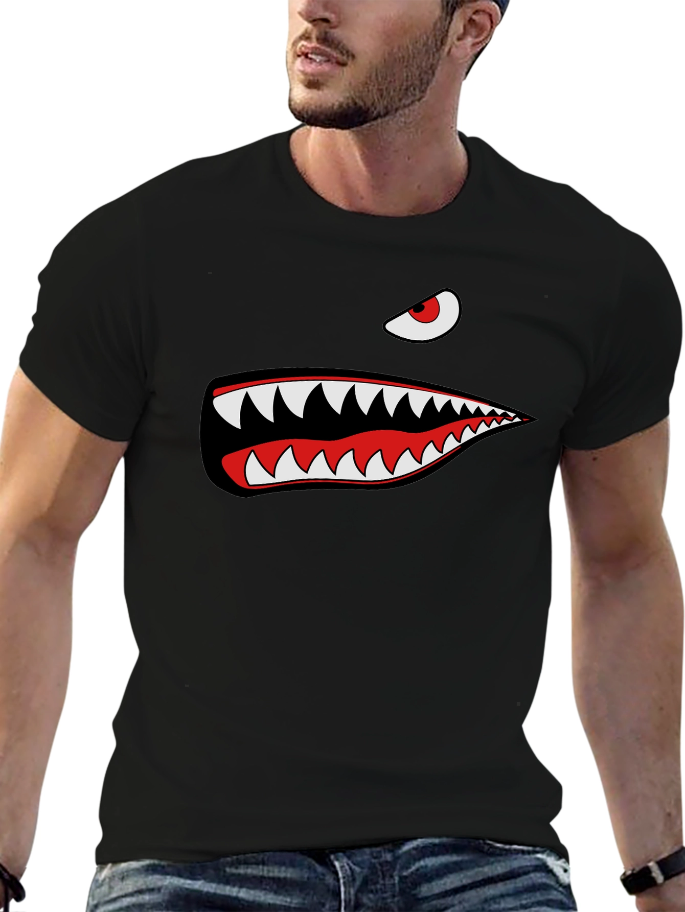Shark Teeth Graphic Tee - Mens Black Cotton T-Shirt
