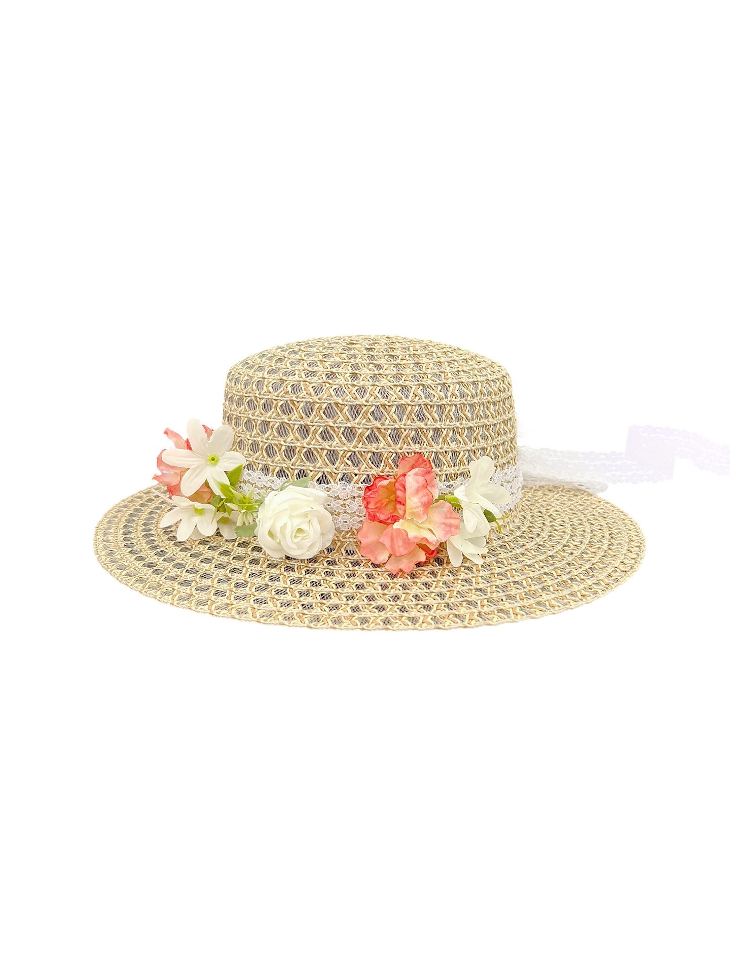 Straw Flat-Top Hat with Floral Decoration and Lace Ribbon