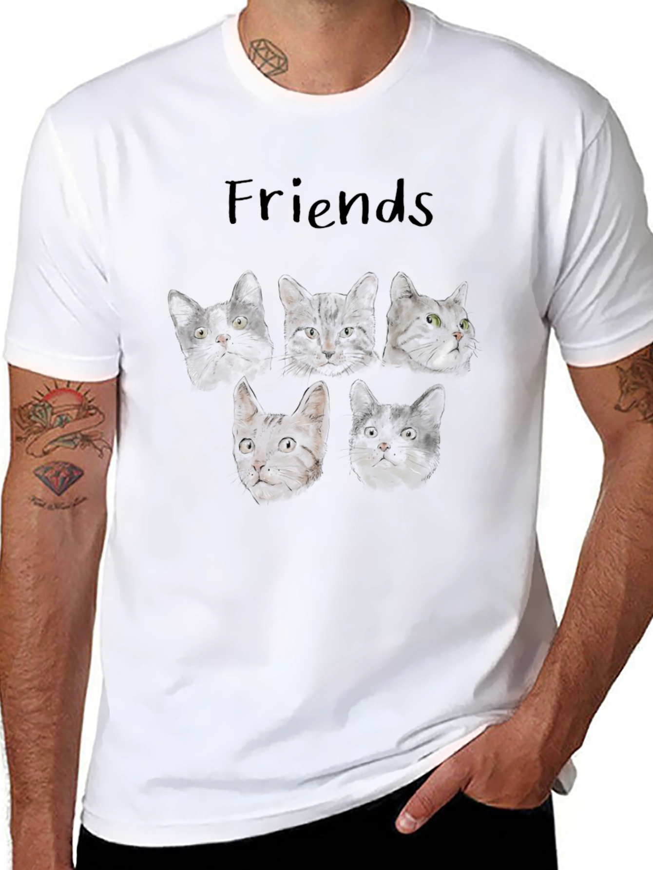 Cat Friends T-Shirt - Black Crew Neck Tee