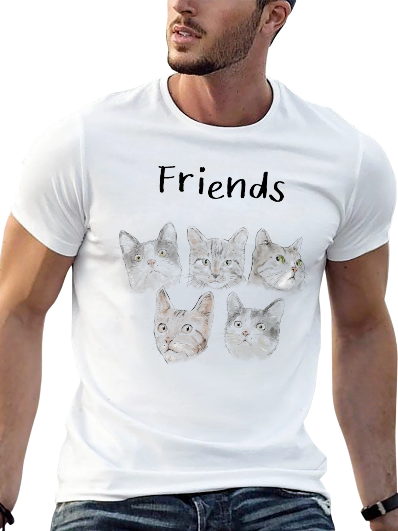 Cat Friends T-Shirt - Black Crew Neck Tee