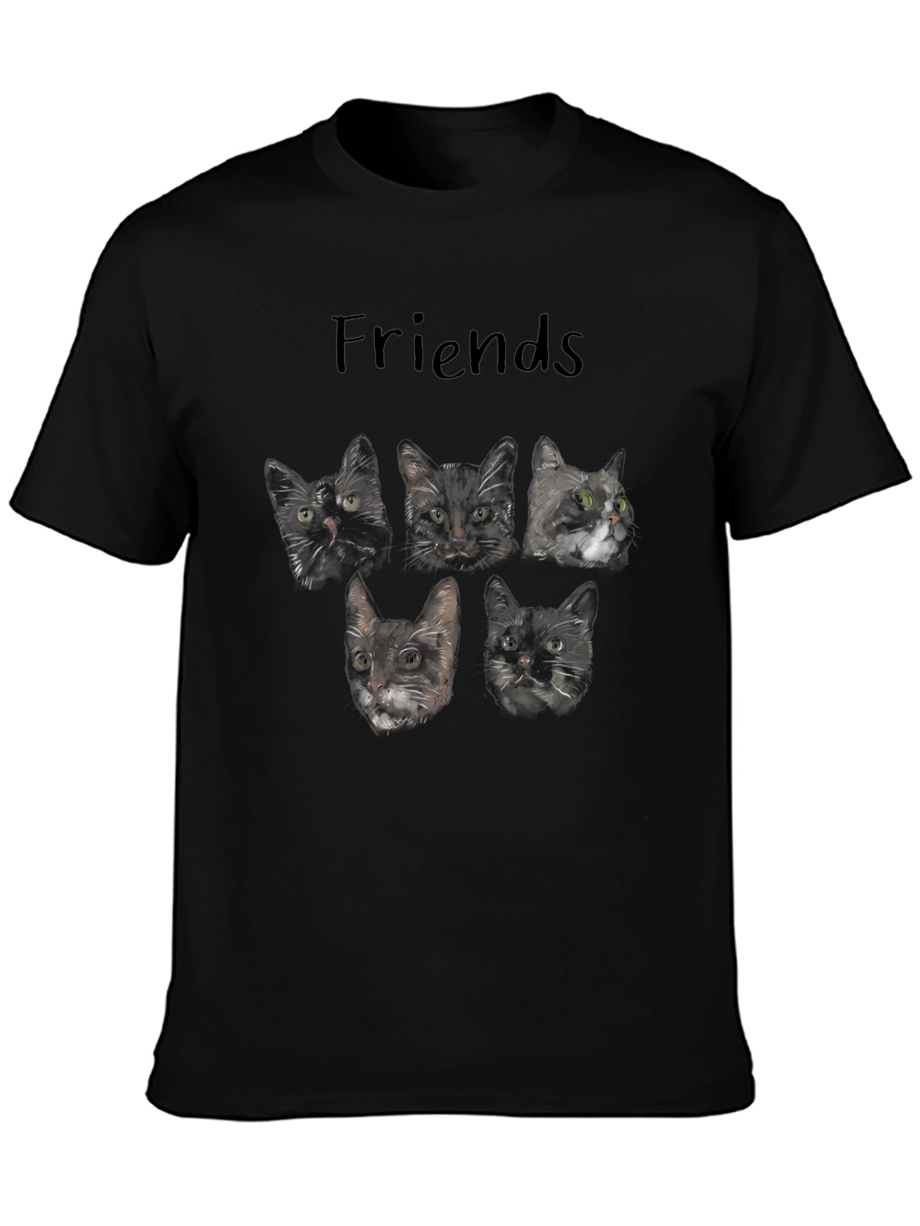 Cat Friends T-Shirt - Black Crew Neck Tee