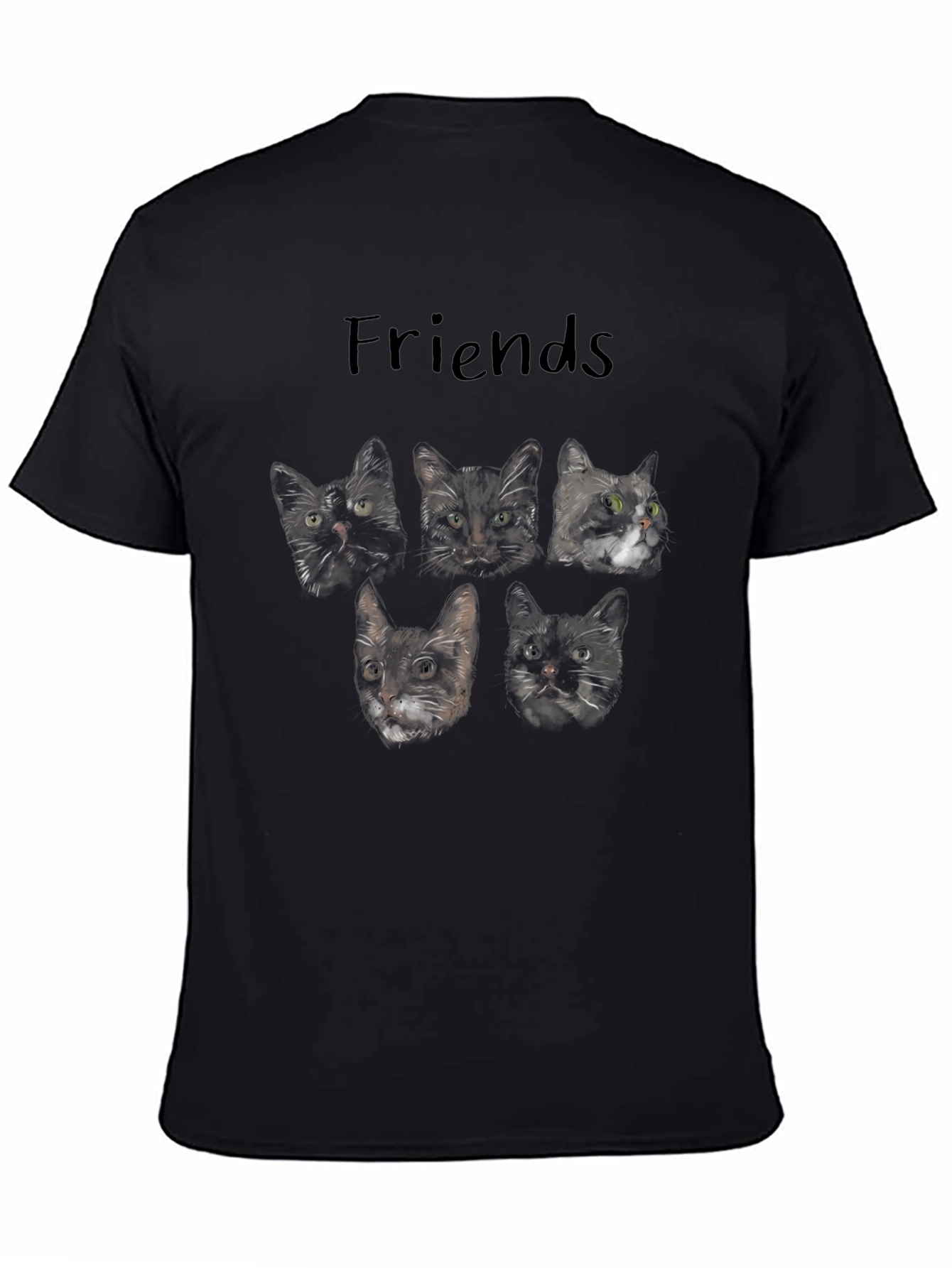 Cat Friends T-Shirt - Black Crew Neck Tee