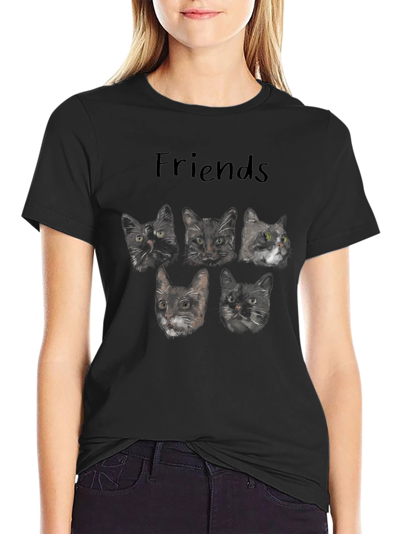 Cat Friends T-Shirt - Black Crew Neck Tee