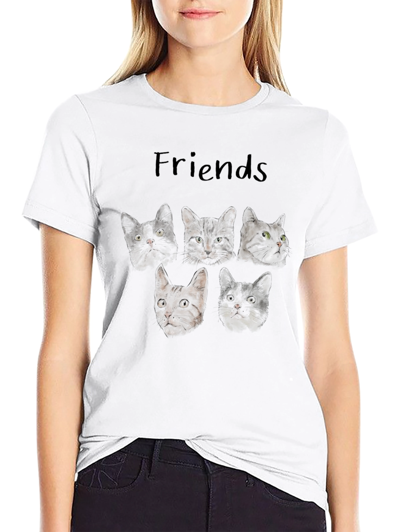 Cat Friends T-Shirt - Black Crew Neck Tee