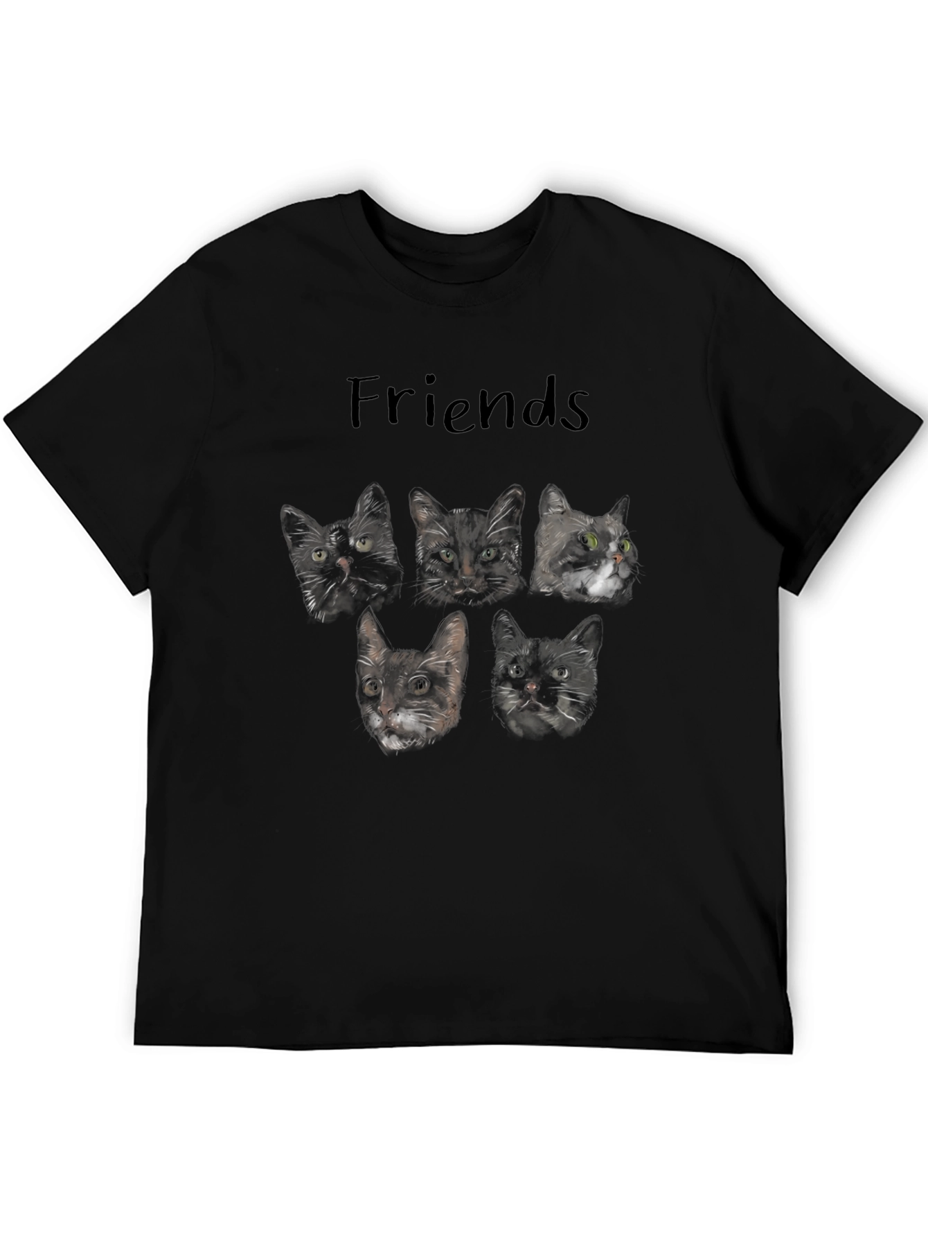 Cat Friends T-Shirt - Black Crew Neck Tee