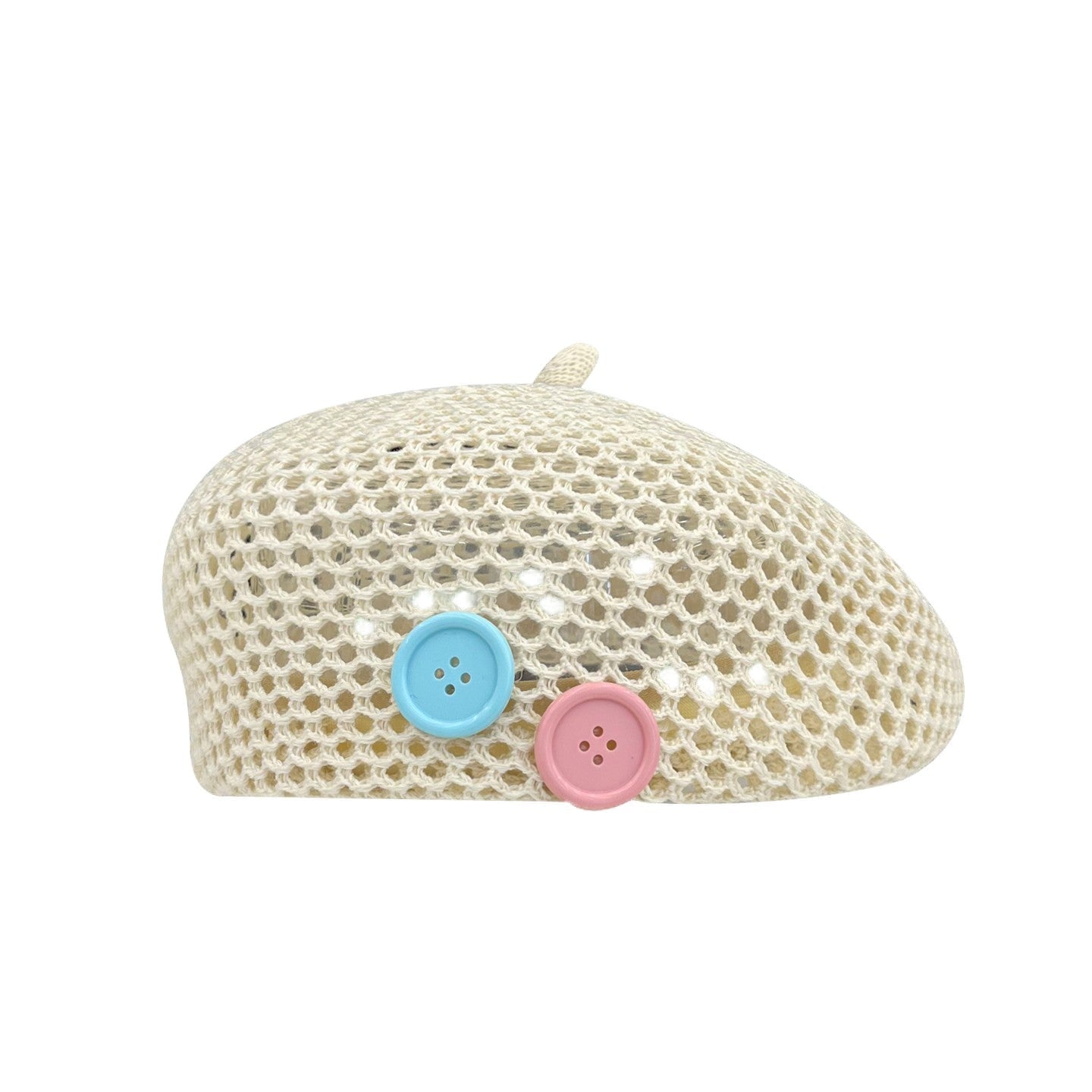 Women's Knitted Openwork Beret Hat with Decorative Buttons