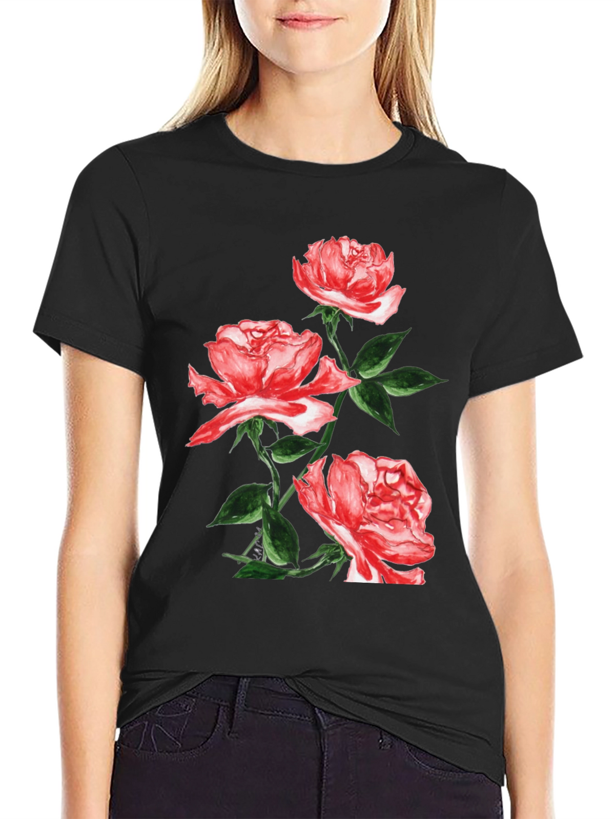 Black Floral T-Shirt with Red Roses