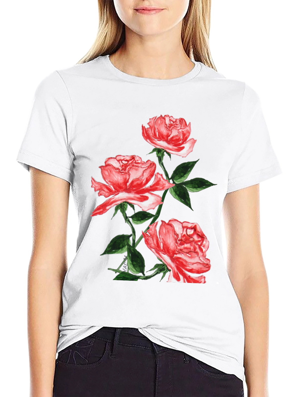 Black Floral T-Shirt with Red Roses