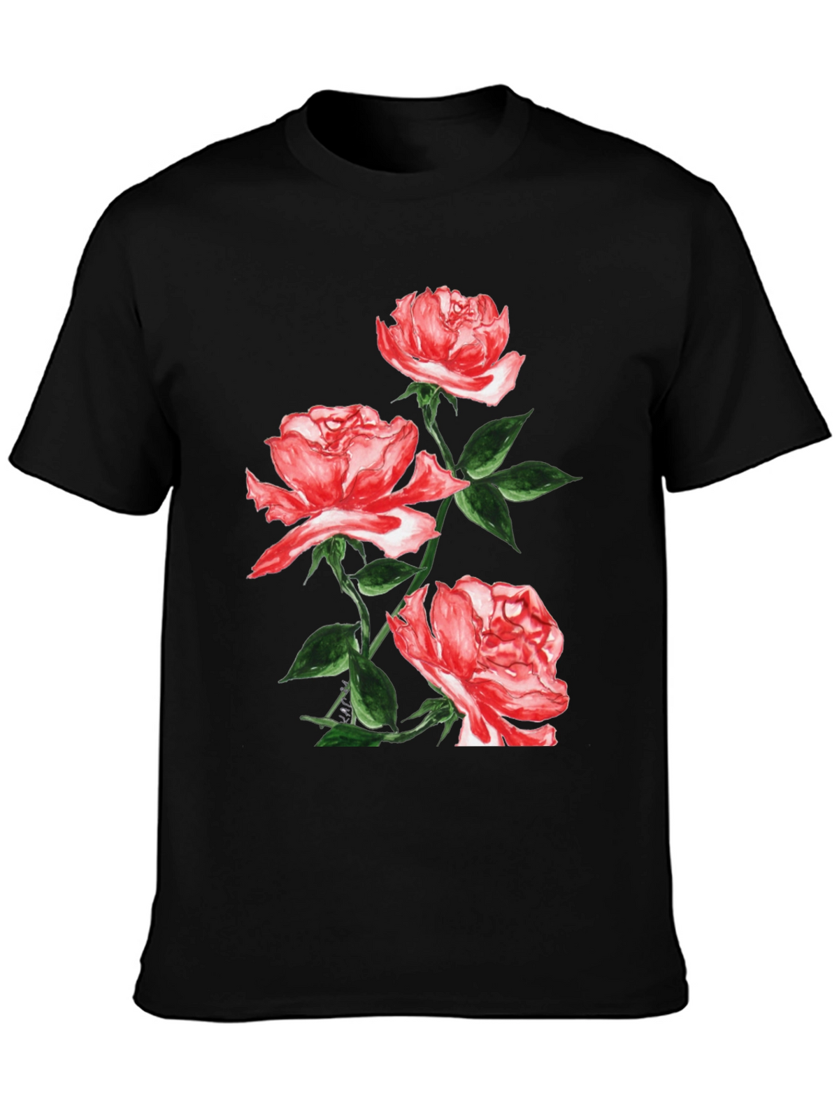 Black Floral T-Shirt with Red Roses