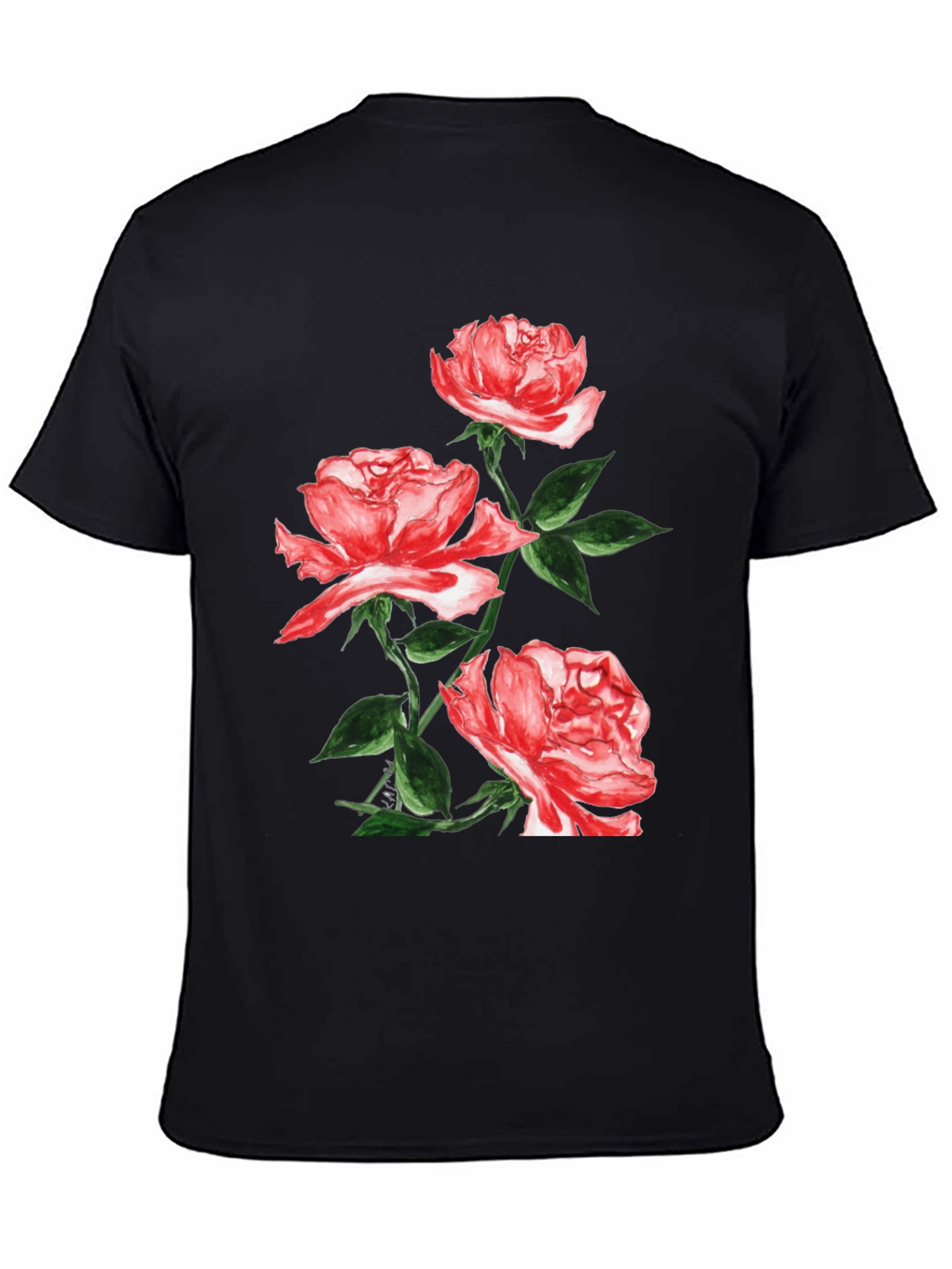 Black Floral T-Shirt with Red Roses