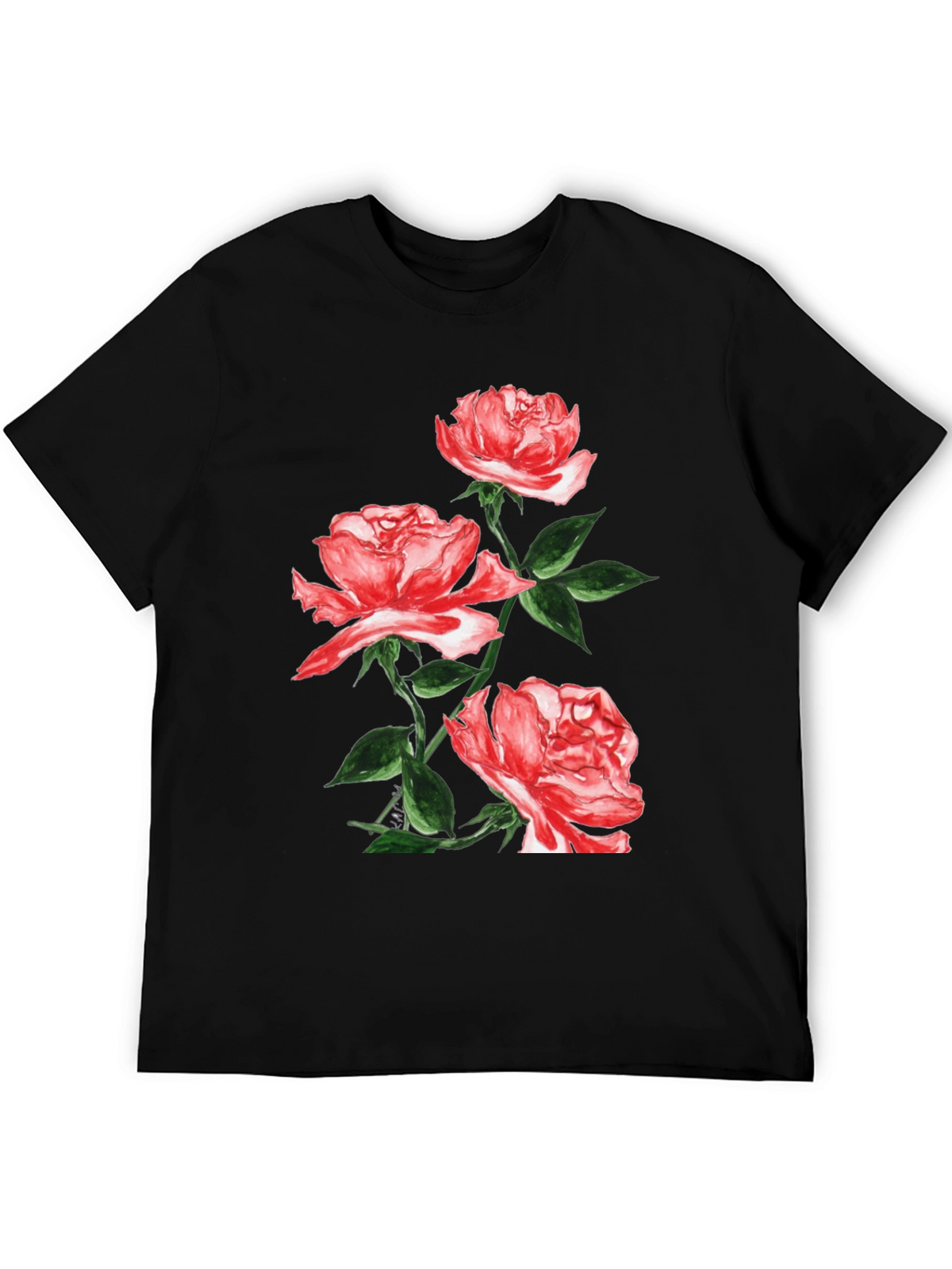 Black Floral T-Shirt with Red Roses