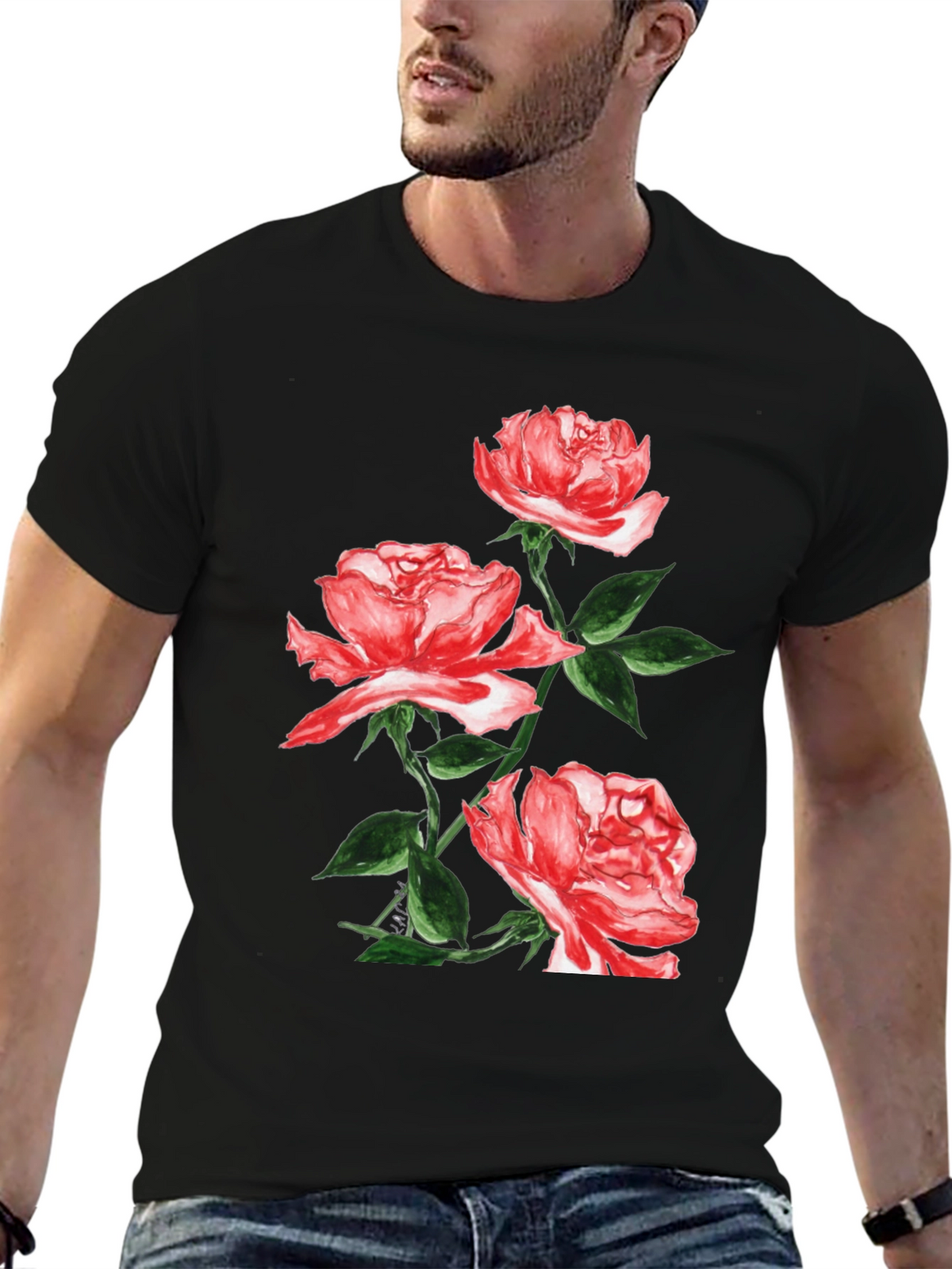 Black Floral T-Shirt with Red Roses