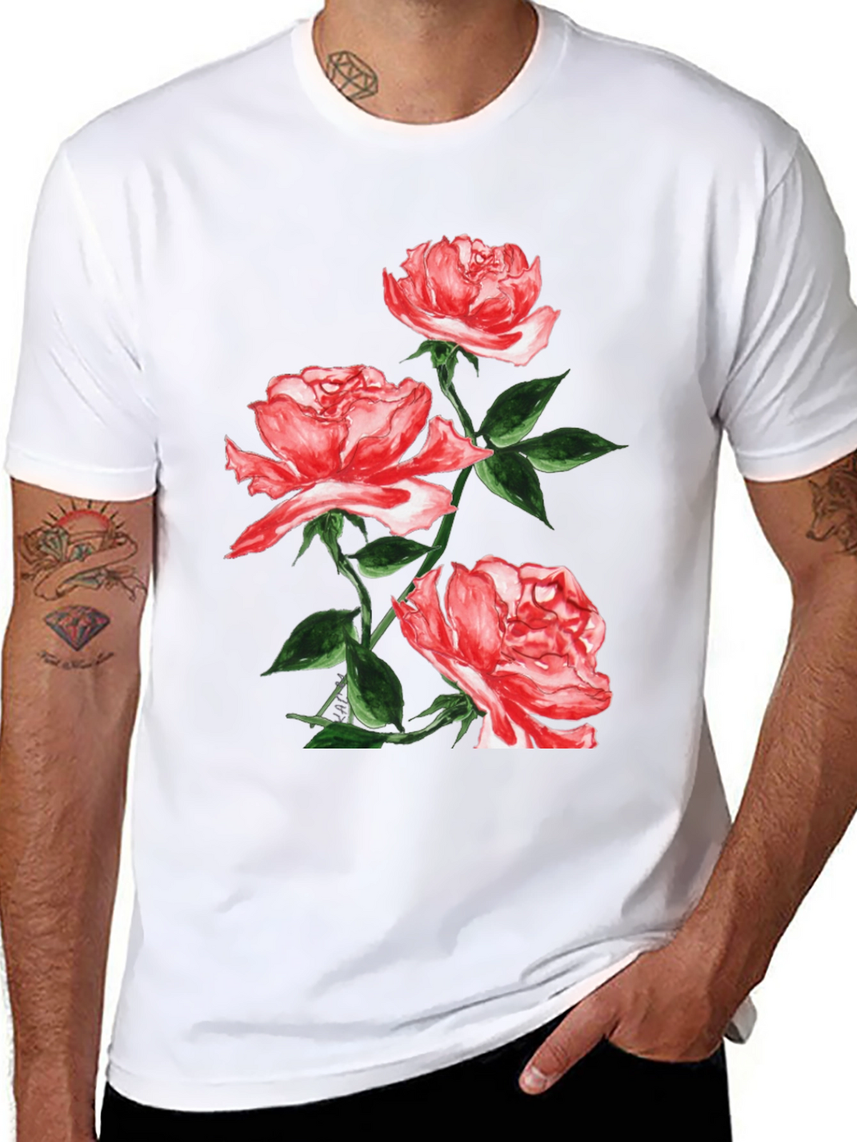 Black Floral T-Shirt with Red Roses