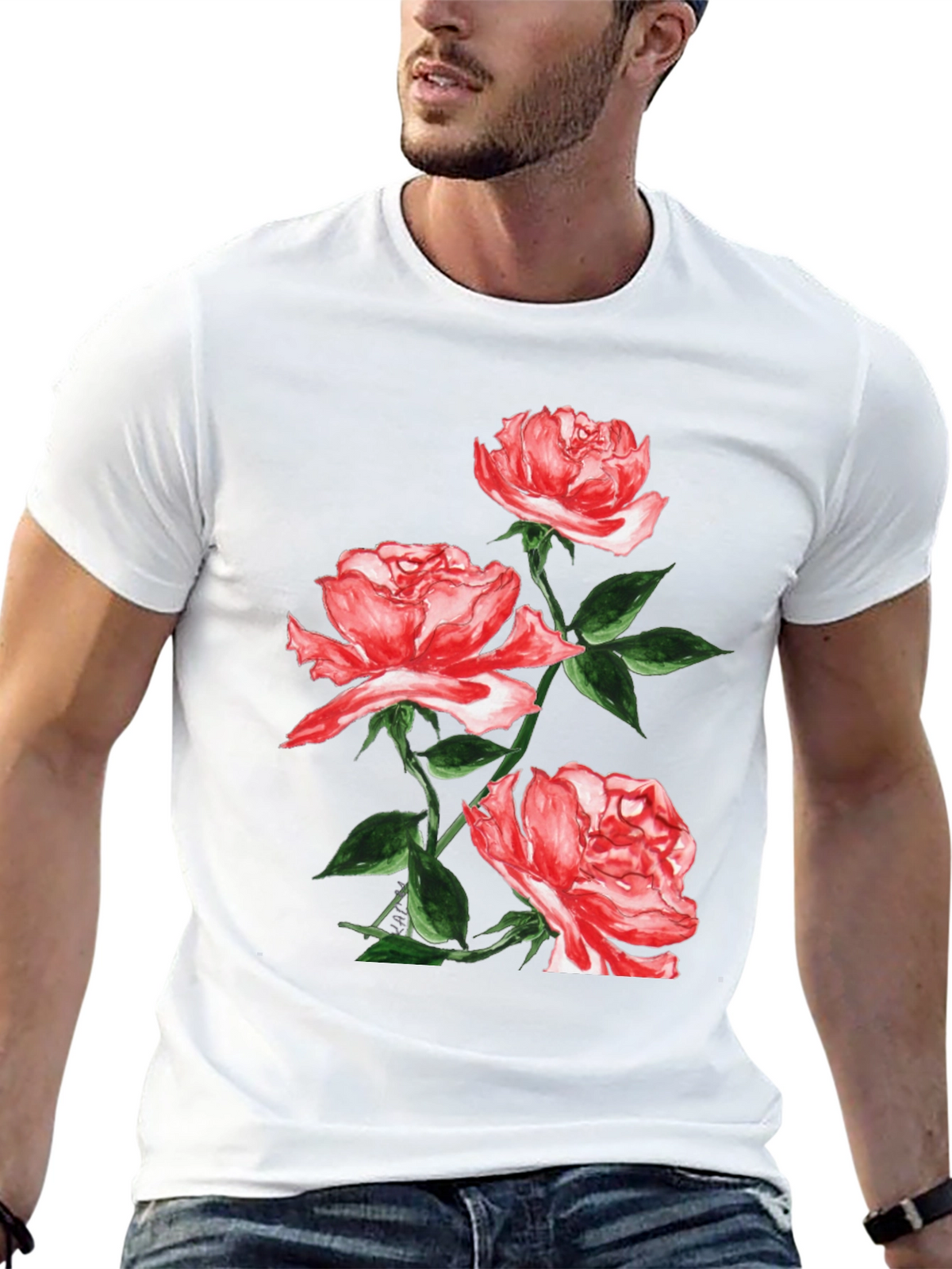 Black Floral T-Shirt with Red Roses