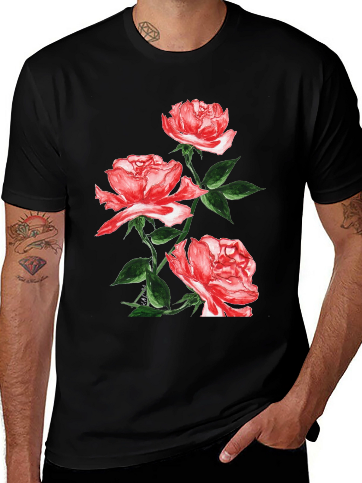 Black Floral T-Shirt with Red Roses