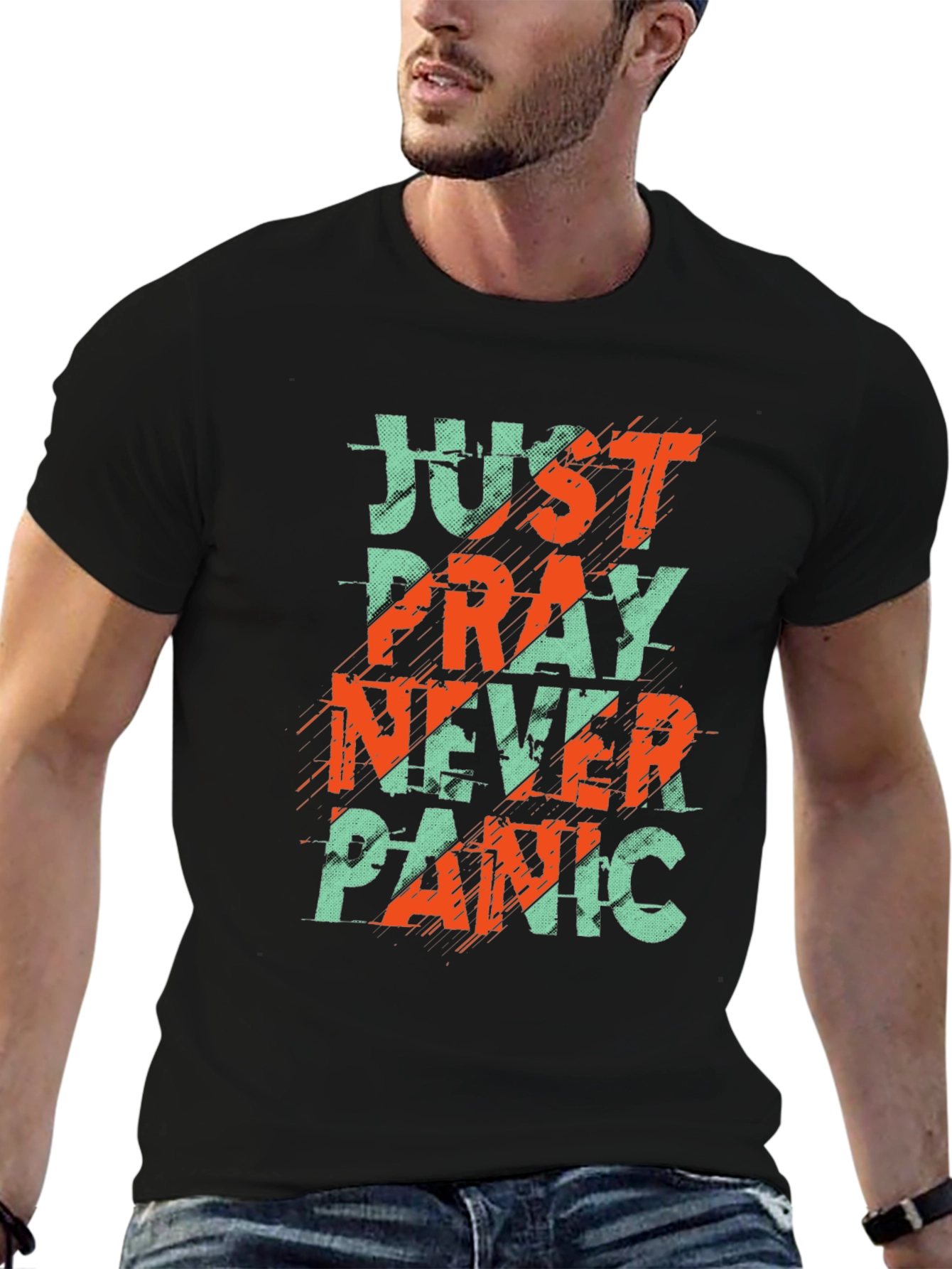 Just Pray Never Panic Graphic Tee - Black