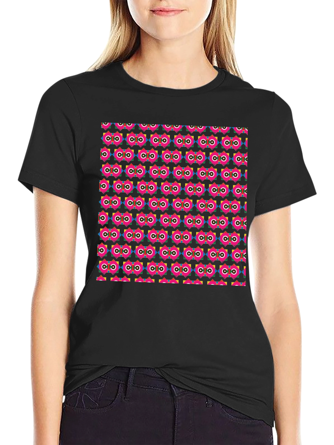 Retro Geometric Pattern Black T-Shirt