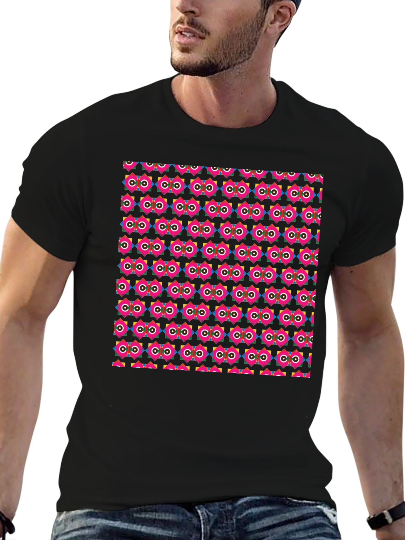 Retro Geometric Pattern Black T-Shirt